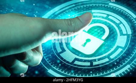 Businessman finger scan identification access Data Protection Cyber Security Privacy. Padlock icon on Network protection with firewall. Secure access Stock Photo
