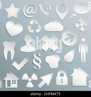 Infographics phone, arrow, star, house, paragraph.... communication bubbles set on blue grey background. Vector illustration. Eps 10 vector file. Stock Vector