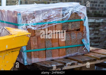 A delivery of building bricks on a wooden pallet. They have been placed next to a yellow skip. Stock Photo