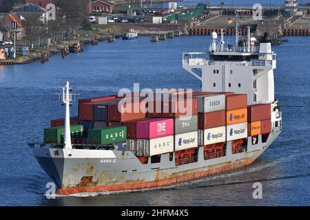 Containerfeeder ANNA G passing the Kiel Canal on a trip from Sweden to Hamburg serving for X-Press Feeders Stock Photo