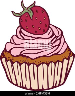 Vector illustration of cupcake with strawberry on its top. Cupcake colored and depicted by a line. Stock Vector