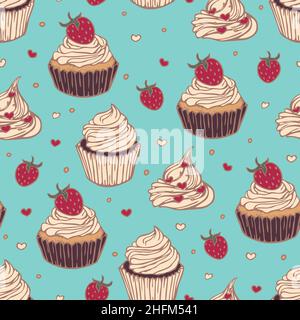 Vector seamless pattern with cupcakes. Hand drawn design with tasty confections. Stock Vector