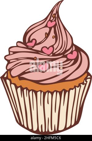 Vector illustration of cupcake. Hand drawn confection colored and depicted by a line. Stock Vector