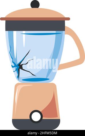 Malfunctioning electronic kitchen appliance, isolated mixer or blender with cracked glass jar. Equipment for mixing and blending, broken or damaged ga Stock Vector