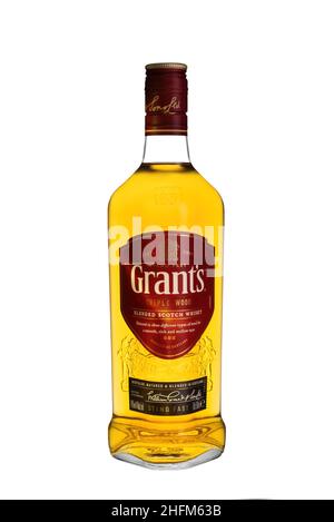 Glass bottle of Grants blended scotch whisky isolated on white background. Stock Photo