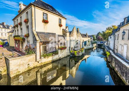 Colorful Old Buildings Mill, Aure River Reflection Bayeux Center Normandy France.Bayeux founded 1st century BC, first city liberated after D-Day Stock Photo