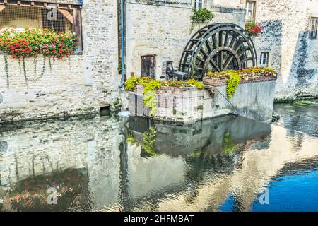 Colorful Old Buildings Mill, Aure River Reflection Bayeux Center Normandy France.Bayeux founded 1st century BC, first city liberated after D-Day Stock Photo