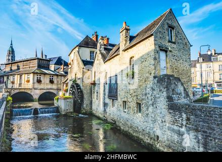 Colorful Old Buildings Mill, Aure River Reflection Bayeux Center Normandy France.Bayeux founded 1st century BC, first city liberated after D-Day Stock Photo