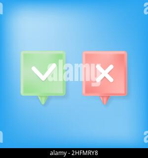 Cross and Check Icon. Speech Bubble with Accepted and Confirmed Sign. Survey Reaction Symbol on Blurred Blue Background Stock Vector