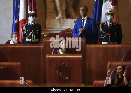 Cecilia Fabiano/LaPresse July 17 , 2020 Rome (Italy) News Extraordinary reunion of the city hall for nominate the Auditorium to Ennio Moricone In the pic : Virginia Raggi Stock Photo