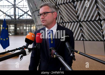 Brussels, Belgium. 17th Jan, 2022. Austrian finance minister Magnus Brunner, during a press statement ahead of the Eurogroup finance ministers meeting in Brussels, Belgium, 17 January 2022. Credit: ALEXANDROS MICHAILIDIS/Alamy Live News Stock Photo