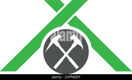 Roofer logo, tools and roof, roofer, logo, background Stock Vector