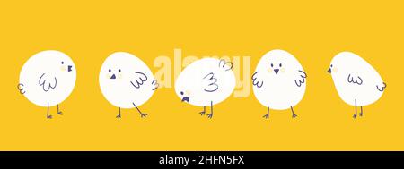 Set of four simple white chicks, chickens on yellow background. Vector minimalist elements for Easter, childrens or animal designs. Stock Vector