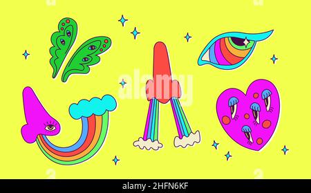 Set of classic psychedelic cartoon elements - nose, rainbow, heart, eyes. Cute vector neon multicolored illustrations for design. Hallucinatory Stock Vector