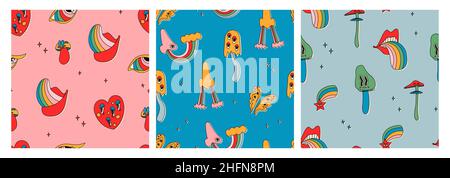 Set of seamless patterns of classic psychedelic cartoon mushrooms with faces, eyes, tongues and cheeks. Cute vector multicolor repeating elements. Stock Vector