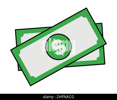 Money bills cartoon sticker in retro style on white background, vector illustration for business theme Stock Vector