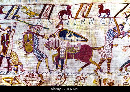 Colorful Medieval Bayeux Tapestry Bayeux Normandy France. Created 11th century right after Battle Hastings 1066 AD showing Norman Conquest England. Sh Stock Photo