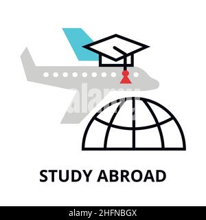 Study abroad icon, flat thin line vector illustration, for graphic and web design Stock Vector