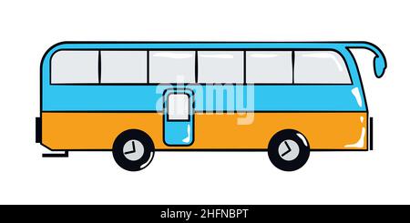 Bus travel cartoon sticker in retro style on white background, vector illustration for travel theme Stock Vector