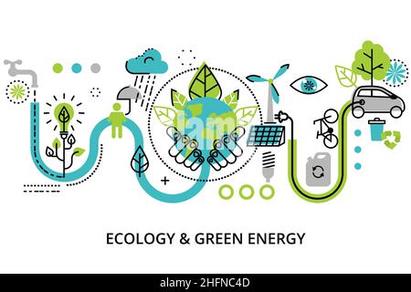 Modern flat thin line design vector illustration, infographic concept of ecology problem, green energy and alternative fuel, for graphic and web desig Stock Vector