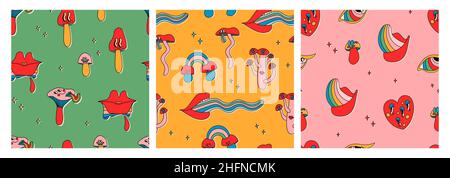 Set of seamless patterns of classic psychedelic cartoon mushrooms with faces, eyes, tongues and cheeks. Cute vector multicolor repeating elements. Stock Vector