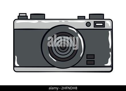 Photo camera cartoon sticker in retro style on white background, vector illustration for travel theme Stock Vector