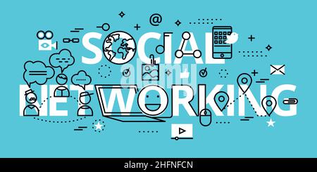 Modern flat thin line design vector illustration, concept of social networking, for graphic and web design Stock Vector