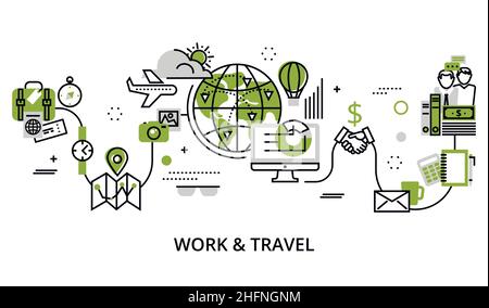 Modern editable line design vector illustration, concept of work and travel in greenery color, for graphic and web design Stock Vector