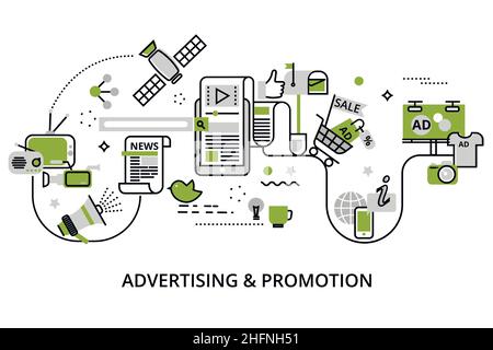 Modern flat thin line design vector illustration, concept of advertising, marketing and promotion process, in greenery color  for graphic and web desi Stock Vector