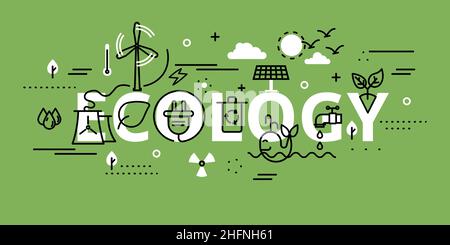 Modern flat thin line design vector illustration, infographic concept of ecology problem, generation and saving green energy in greenery color, for gr Stock Vector