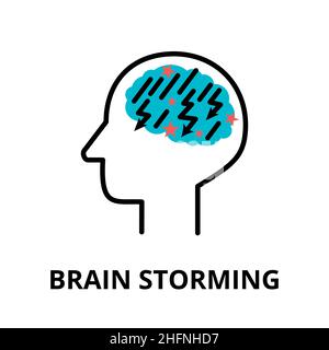 Brain Storming icon, flat thin line vector illustration, for graphic and web design Stock Vector