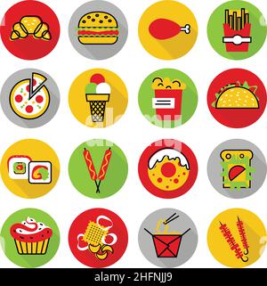 Modern flat thin line design vector illustration, icons set of unhealthy fast food and snacks, for graphic and web design Stock Vector