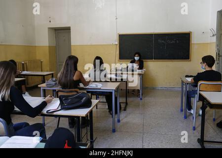 Cecilia Fabiano/LaPresse September 07 , 2020 Roma (Italy) News: Back to school: many school organize themselves in anticipation of the new desks supplied by the ministry In the pic : a lesson Cornelio Tacito high school Stock Photo