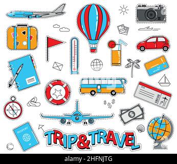 Set of travel cartoon stickers in retro style on white background, vector illustration for travel theme Stock Vector