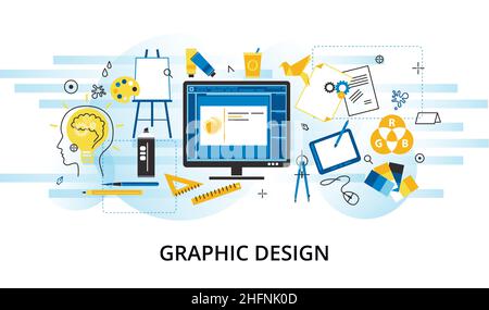 Modern flat thin line design vector illustration, infographic concept of graphic design, designer items and tools, and design development process, for Stock Vector