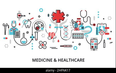 Modern flat thin line design vector illustration, concept of medicine and healthcare, first aid, medical equipment and medicament cure, for graphic an Stock Vector