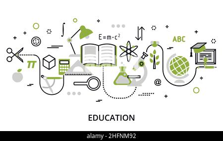 Modern flat thin line design vector illustration, greenery concept of education process, learning in educational institution and items of study equipm Stock Vector