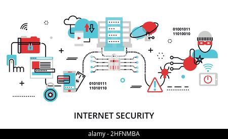 Modern flat thin line design vector illustration, infographic concept of internet security, network protection and secure online payments for graphic Stock Vector