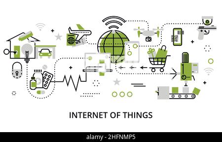 Modern flat line design vector illustration, concept of internet of things, in greenery color, for graphic and web design Stock Vector