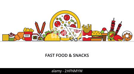 Modern flat thin line design vector illustration, concept of unhealthy fast food and snacks, for graphic and web design Stock Vector