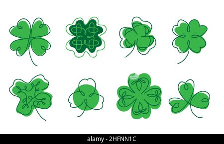 Cloverleaf vector icons set. The sign of fortune and luck for irish st patricks day celebration. One continuous line art drawing of cloverleaf symbol Stock Vector