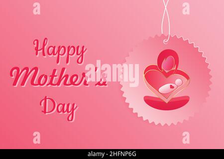 Happy Mother's Day Greeting Card poster flyer invitation with a hanging sticker, label, badge. Mother Day, Mom Day, Mom cuddling baby vector Stock Vector