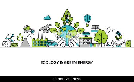 Modern flat thin line design vector illustration, infographic concept of ecology problem, generation and saving green energy  for graphic and web desi Stock Vector