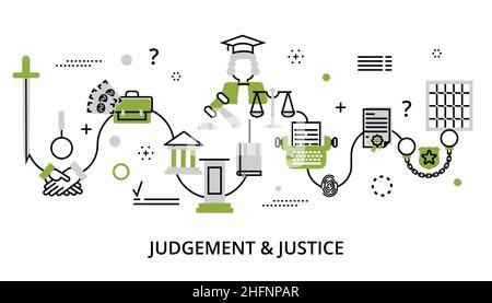 Modern flat thin line design vector illustration, greenery concept of judgment process, protection of human rights and ordinances of justice, for grap Stock Vector