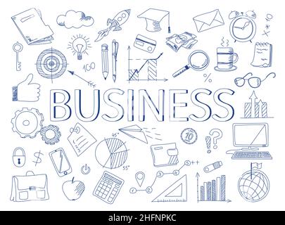 Hand drawn design vector illustration, set of business icons in doodles style, for graphic and web design Stock Vector