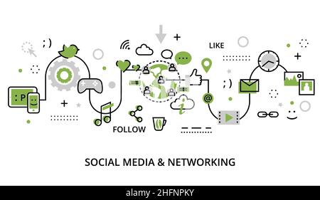 Modern flat line design vector illustration, greenery concept of social media, social networking, web communtity and posting news for graphic and web Stock Vector