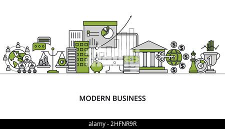Modern flat line design vector illustration, concept of modern business process and finance success in greenery color, for graphic and web design Stock Vector