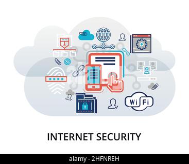 Modern flat thin line design vector illustration, infographic concept of internet security, network protection and secure online payments for graphic Stock Vector