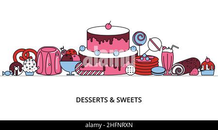 Modern flat thin line design vector illustration, concept of sweet desserts, cake and chocolate, for graphic and web design Stock Vector