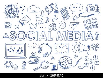 Hand drawn design vector illustration, set of social media, social networking, web communtity and posting news icons in doodle style, for graphic and Stock Vector